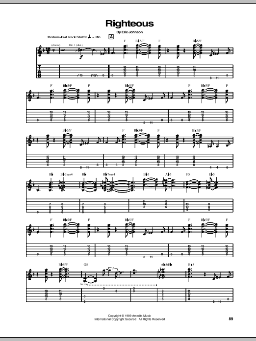 Download Eric Johnson Righteous Sheet Music and learn how to play Guitar Tab PDF digital score in minutes