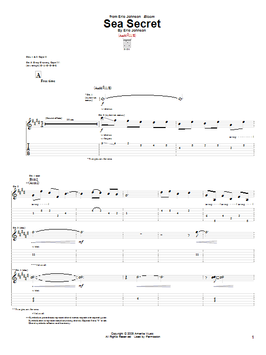 Download Eric Johnson Sea Secret Sheet Music and learn how to play Guitar Tab PDF digital score in minutes