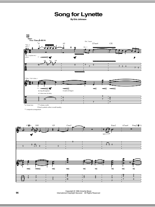 Download Eric Johnson Song For Lynette Sheet Music and learn how to play Guitar Tab PDF digital score in minutes