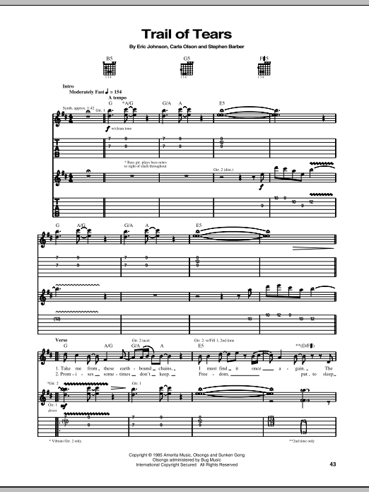 Download Eric Johnson Trail Of Tears Sheet Music and learn how to play Guitar Tab PDF digital score in minutes