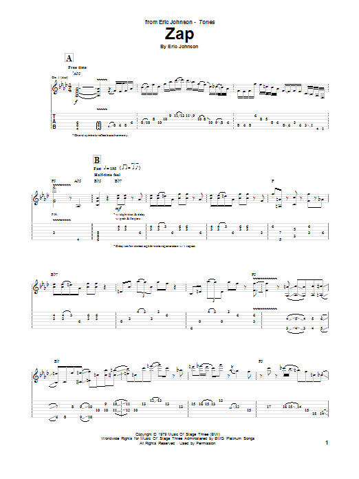 Download Eric Johnson Zap Sheet Music and learn how to play Guitar Tab PDF digital score in minutes
