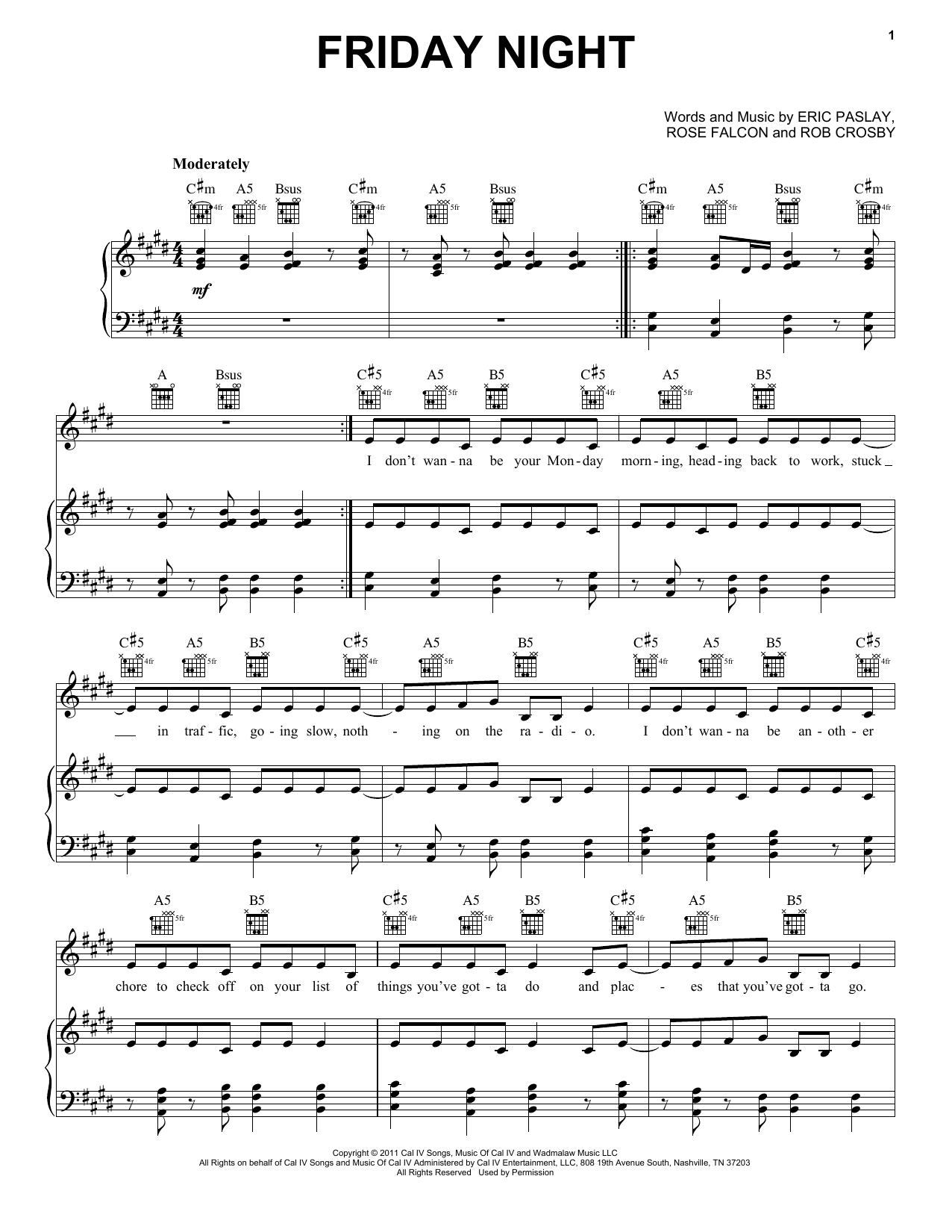 Download Eric Paslay Friday Night Sheet Music and learn how to play Piano, Vocal & Guitar Chords (Right-Hand Melody) PDF digital score in minutes