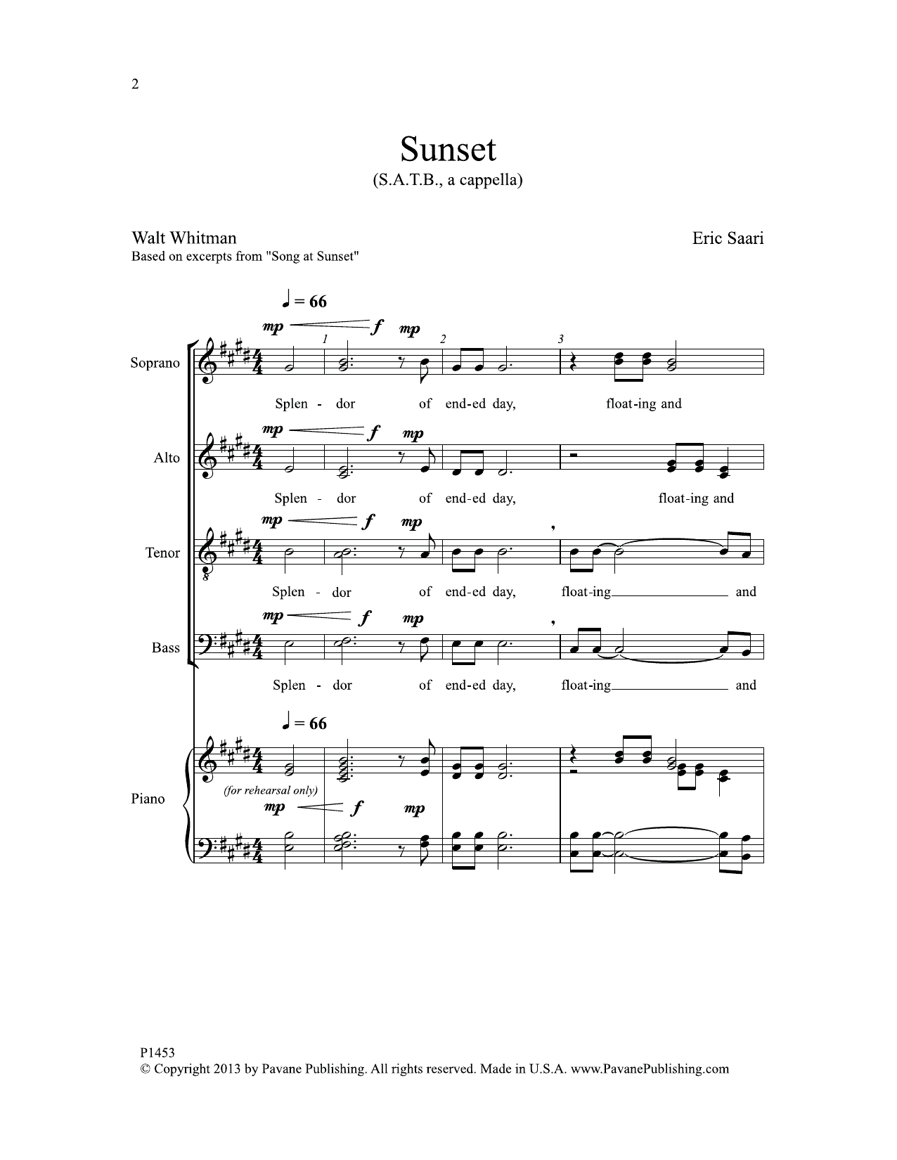 Download Eric Saari Sunset Sheet Music and learn how to play SATB Choir PDF digital score in minutes