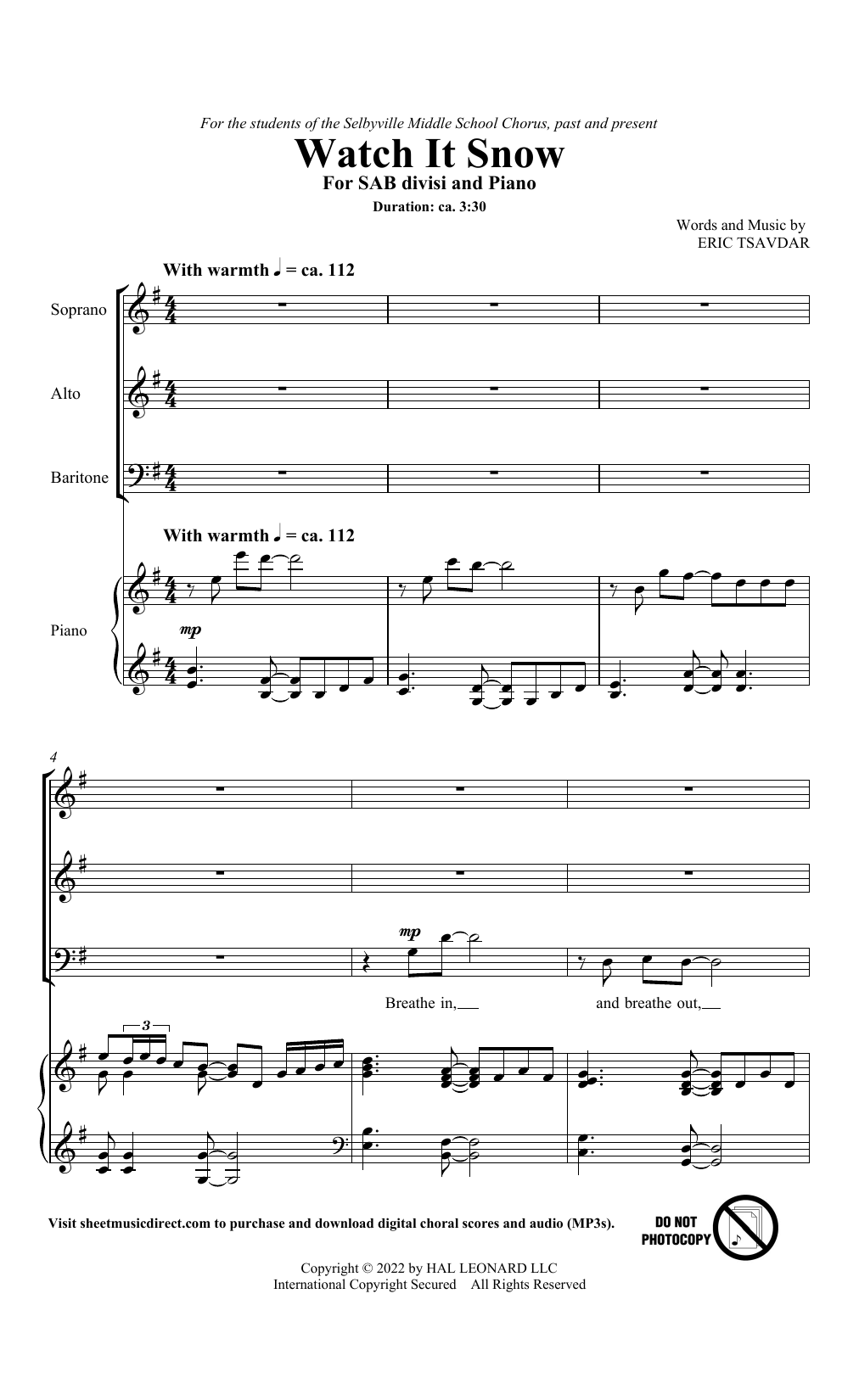 Download Eric Tsavdar Watch It Snow Sheet Music and learn how to play SAB Choir PDF digital score in minutes