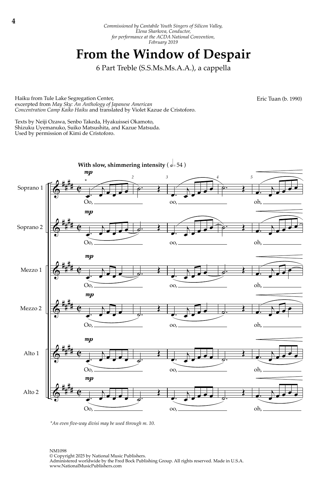 Download Eric Tuan From The Window Of Despair (6-part Treble) Sheet Music and learn how to play SSA Choir PDF digital score in minutes