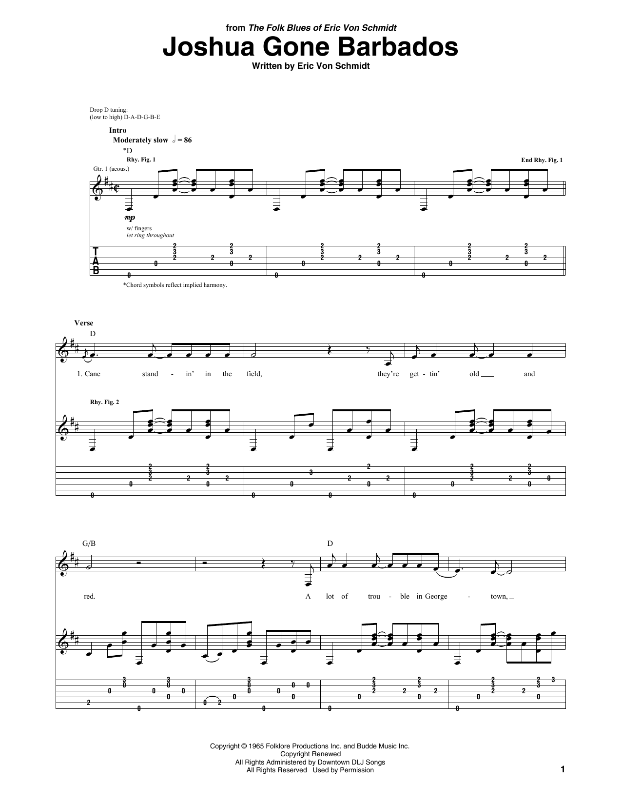 Download Eric von Schmidt Joshua Gone Barbados Sheet Music and learn how to play Guitar Tab PDF digital score in minutes