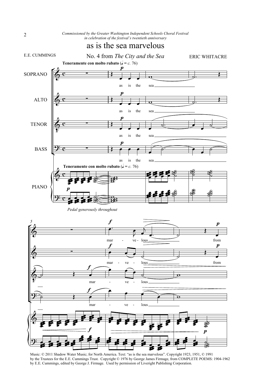 Download Eric Whitacre As Is The Sea Marvelous (From 'The City And The Sea') Sheet Music and learn how to play SATB Choir PDF digital score in minutes