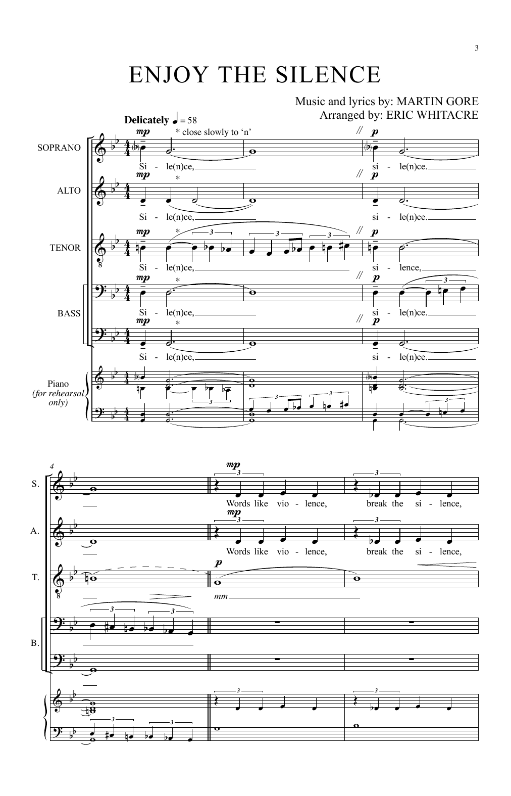 Download Eric Whitacre Enjoy The Silence Sheet Music and learn how to play SATB PDF digital score in minutes