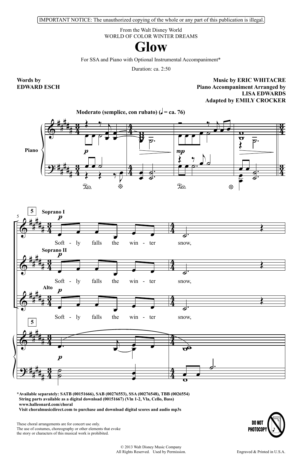 Download Eric Whitacre Glow (arr. Emily Crocker) Sheet Music and learn how to play TBB Choir PDF digital score in minutes