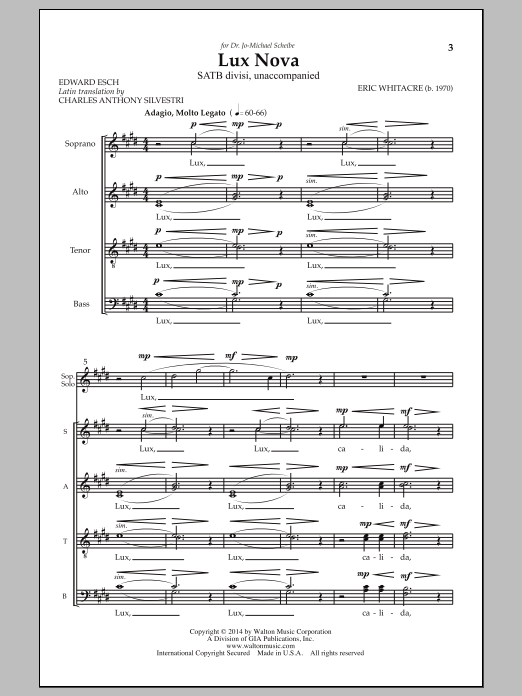 Download Eric Whitacre Lux Nova Sheet Music and learn how to play SATB Choir PDF digital score in minutes