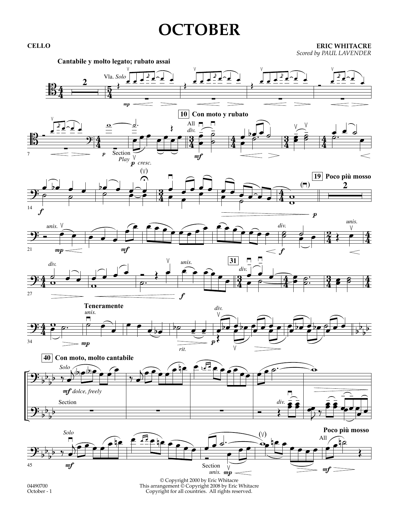 Download Eric Whitacre October - Cello (arr. Paul Lavender) Sheet Music and learn how to play Orchestra PDF digital score in minutes