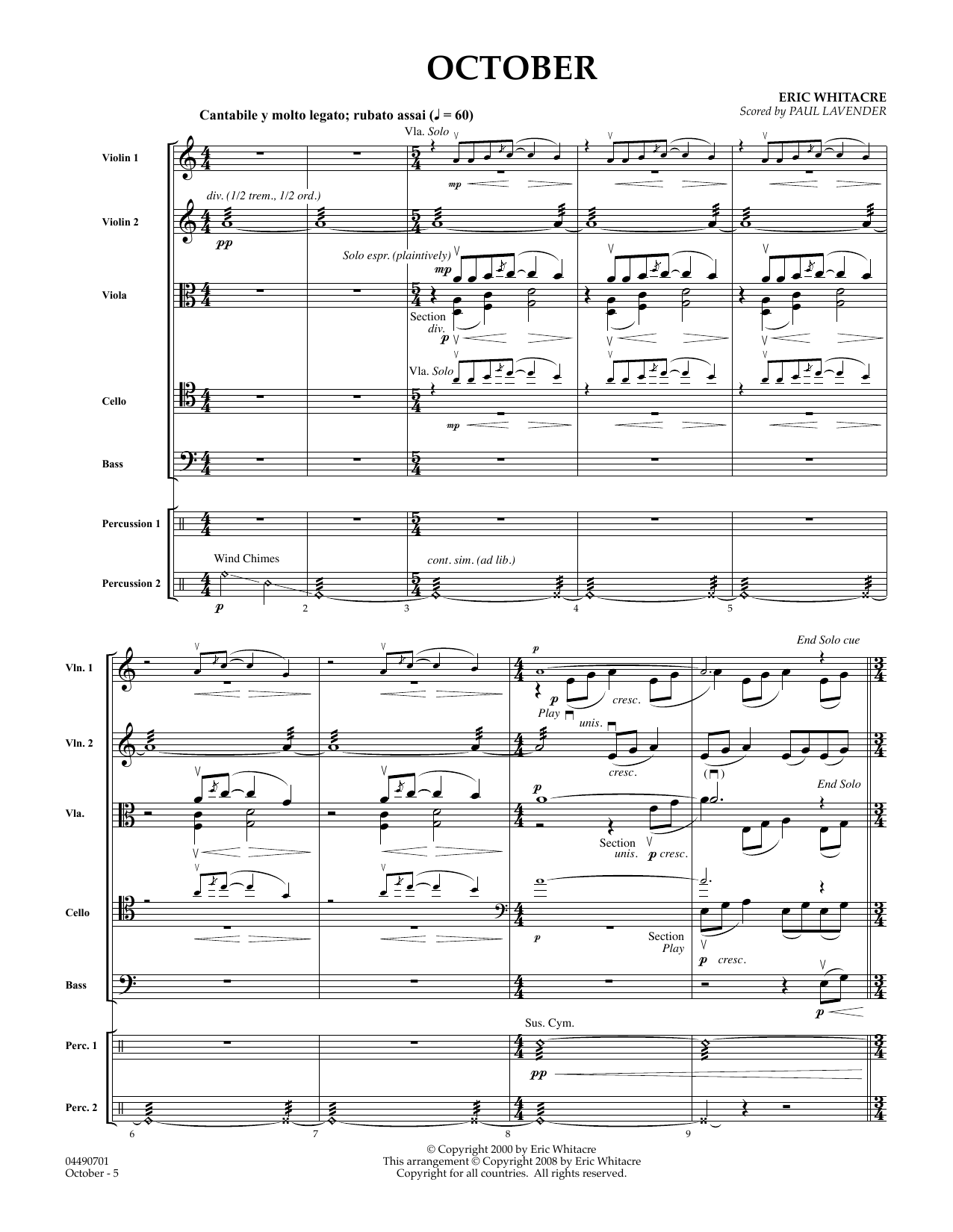 Download Eric Whitacre October - Full Score (arr. Paul Lavender) Sheet Music and learn how to play Orchestra PDF digital score in minutes