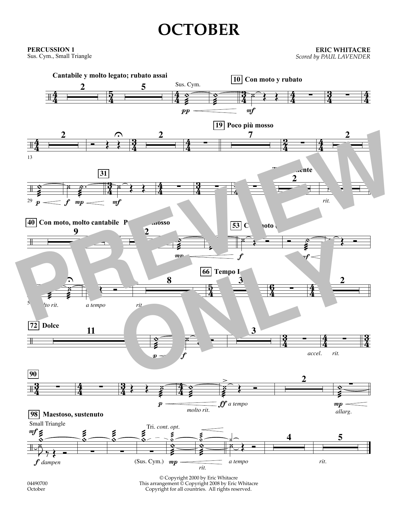 Download Eric Whitacre October - Percussion 1 (arr. Paul Lavender) Sheet Music and learn how to play Orchestra PDF digital score in minutes