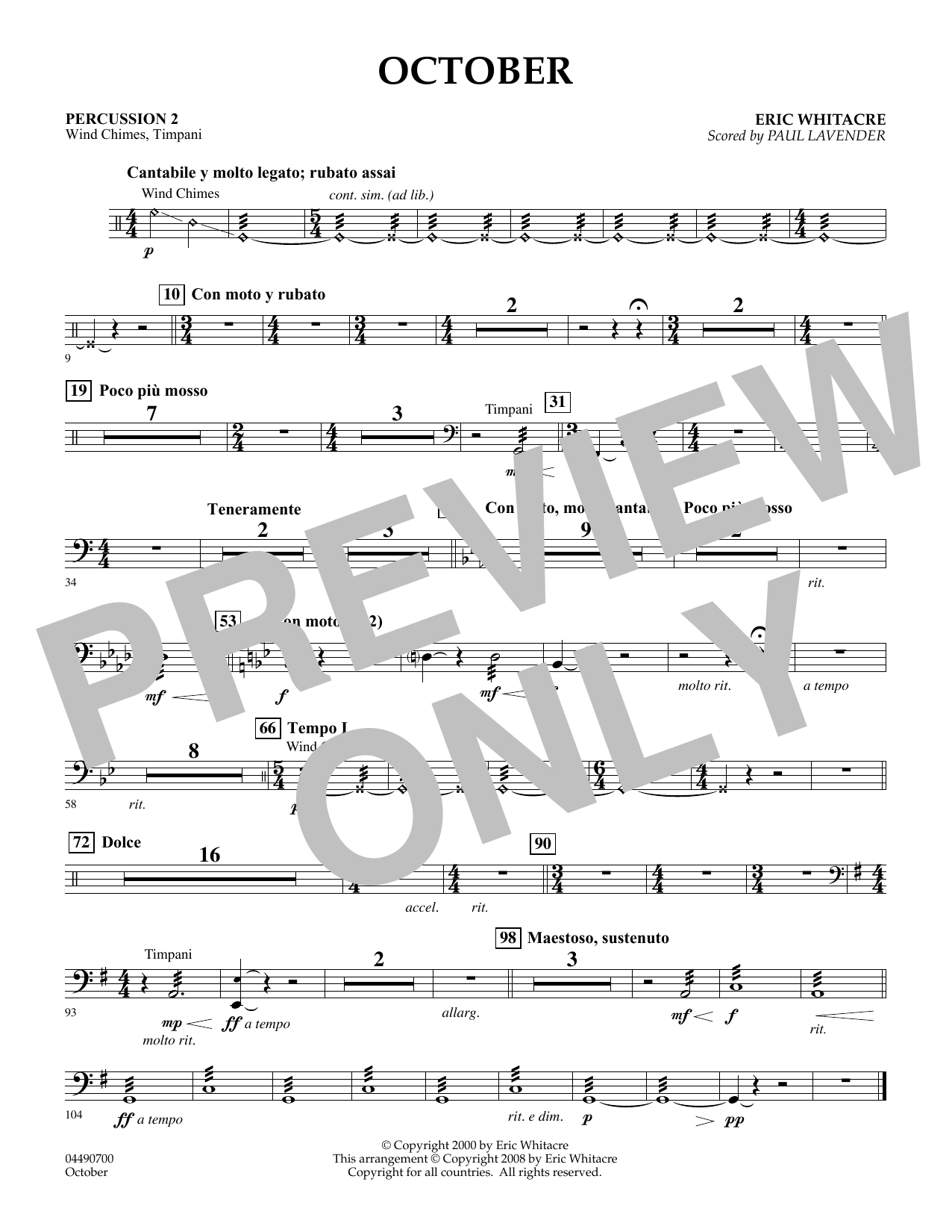Download Eric Whitacre October - Percussion 2 (arr. Paul Lavender) Sheet Music and learn how to play Orchestra PDF digital score in minutes
