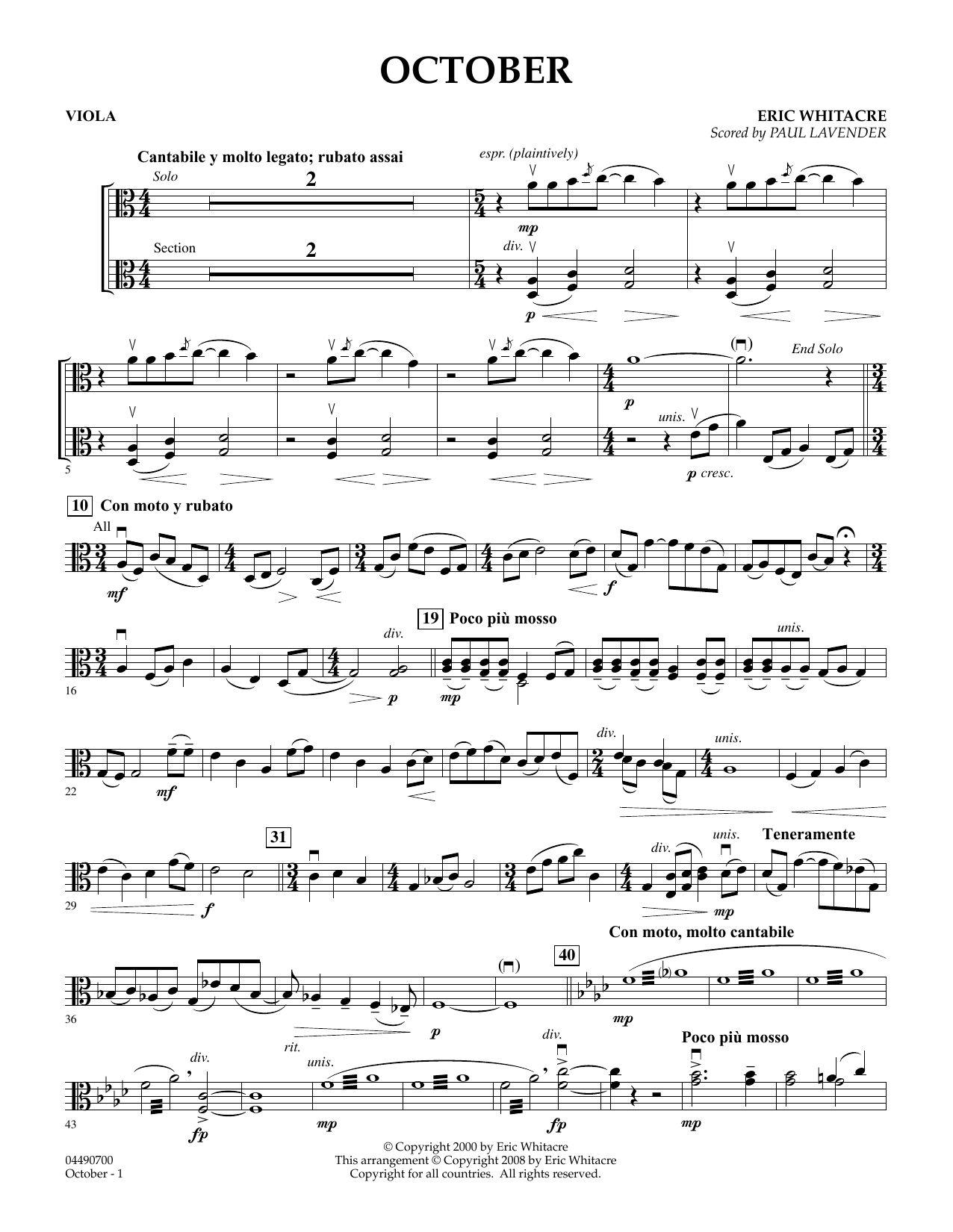 Download Eric Whitacre October - Viola (arr. Paul Lavender) Sheet Music and learn how to play Orchestra PDF digital score in minutes