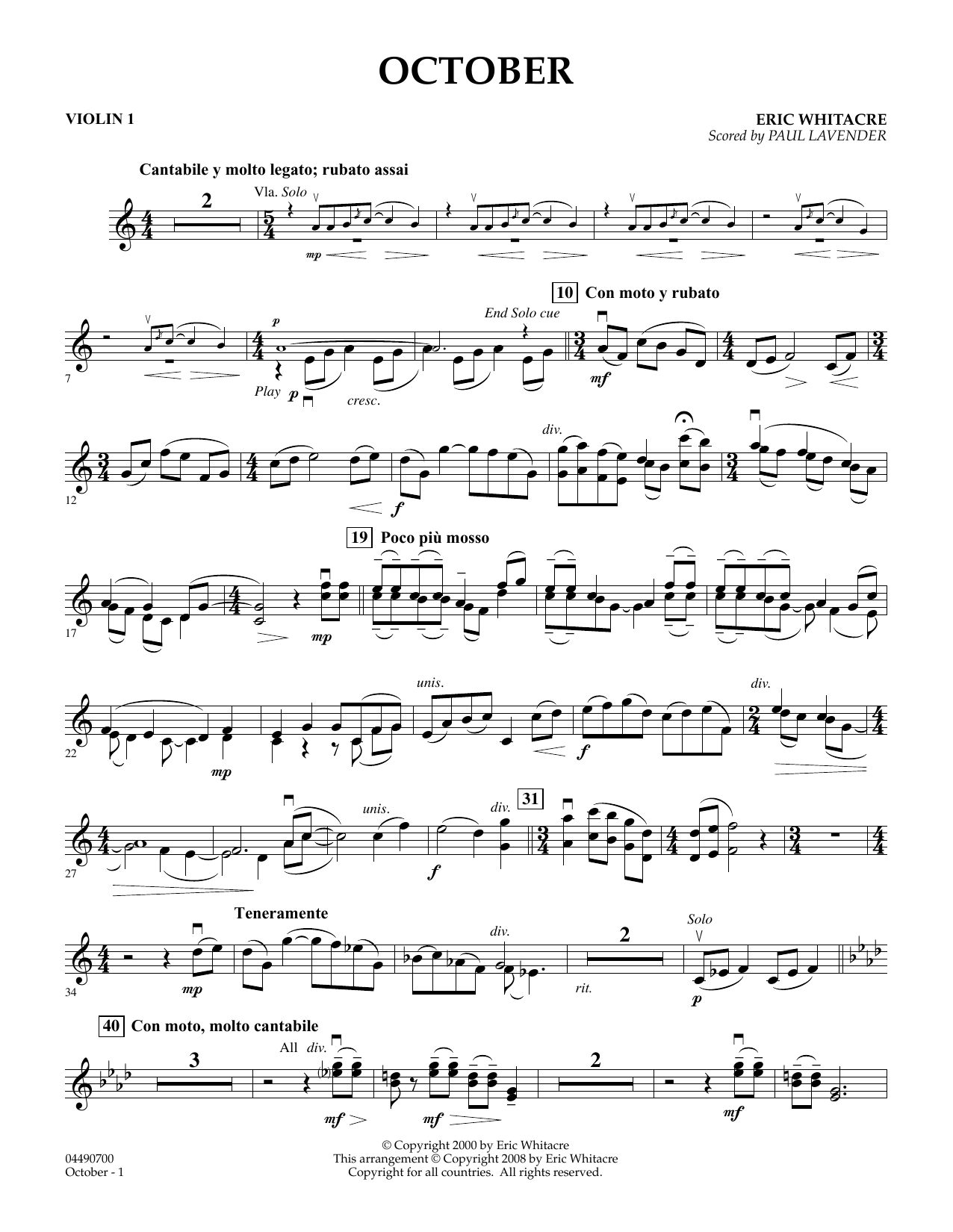 Download Eric Whitacre October - Violin 1 (arr. Paul Lavender) Sheet Music and learn how to play Orchestra PDF digital score in minutes