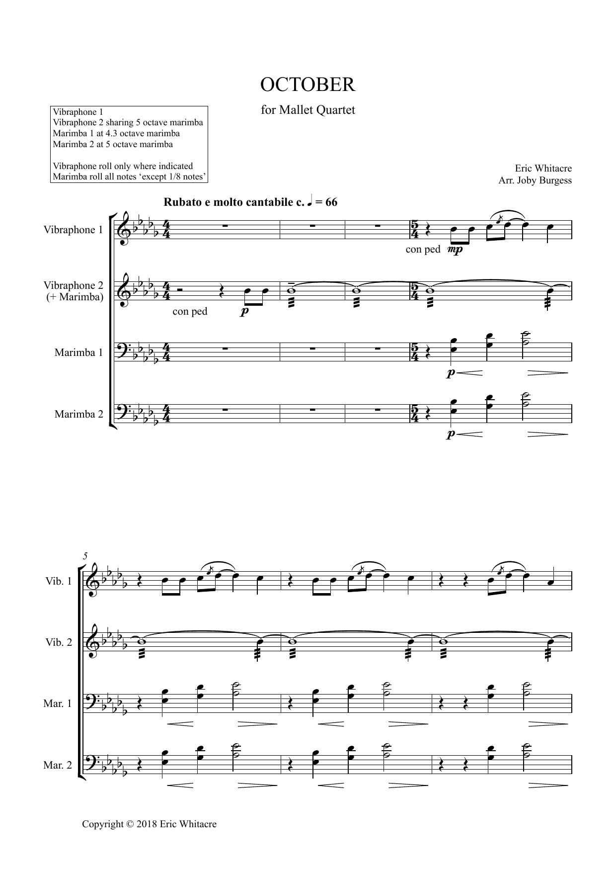Download Eric Whitacre October (Alleluia) for Mallet Quartet (arr. Joby Burgess) - Full Score Sheet Music and learn how to play Percussion Ensemble PDF digital score in minutes