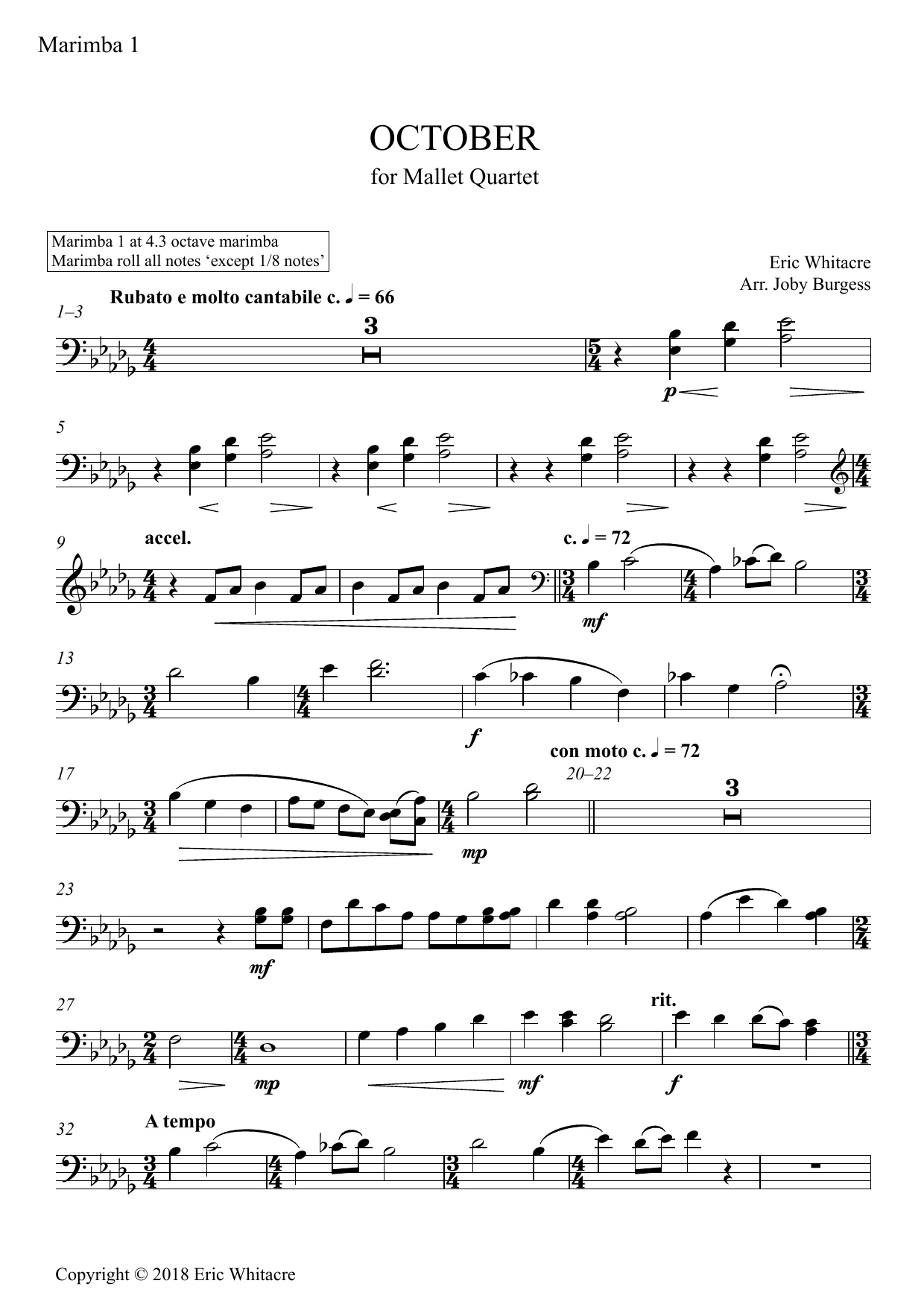 Download Eric Whitacre October (Alleluia) for Mallet Quartet (arr. Joby Burgess) - Marimba 1 Sheet Music and learn how to play Percussion Ensemble PDF digital score in minutes