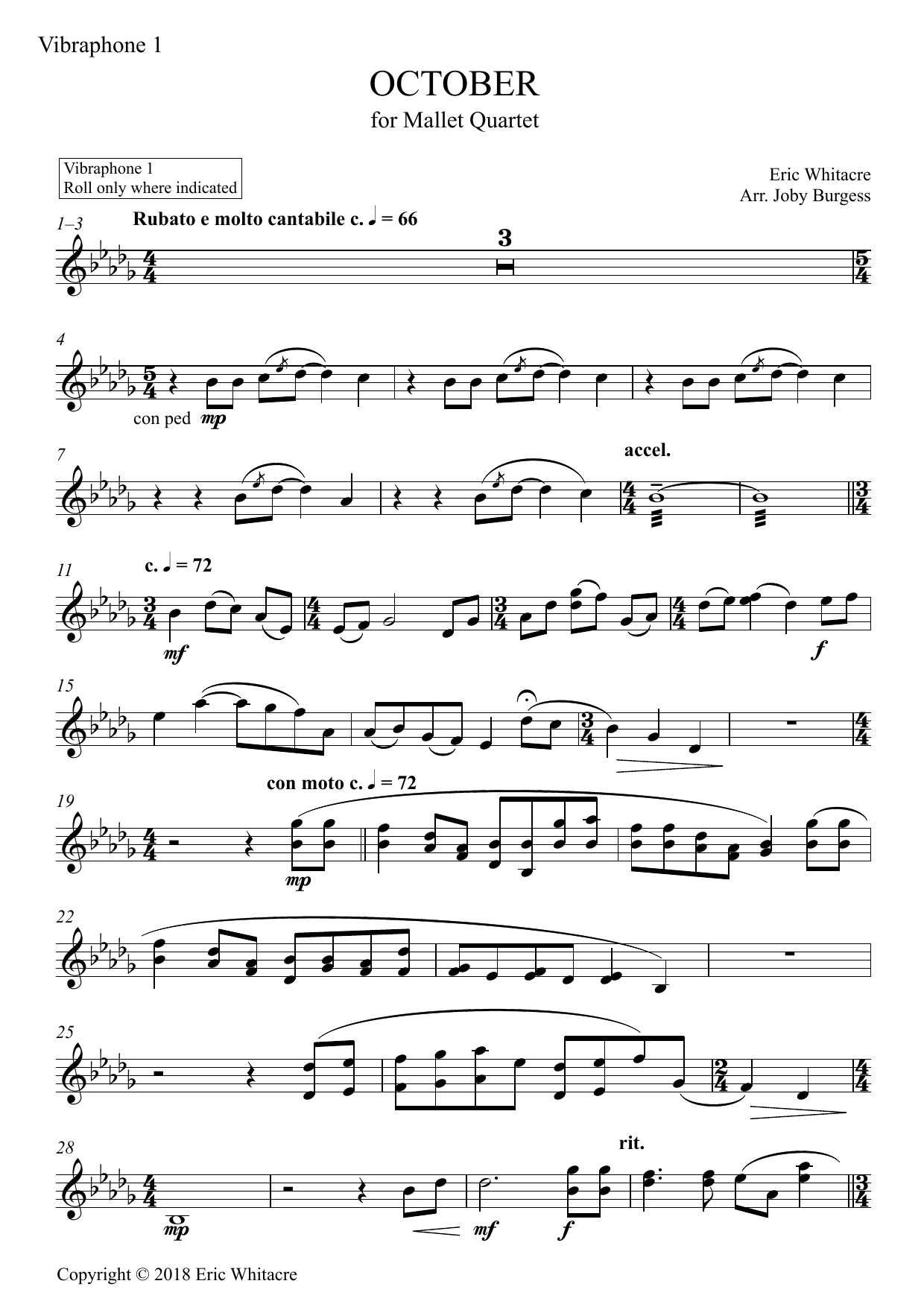 Download Eric Whitacre October (Alleluia) for Mallet Quartet (arr. Joby Burgess) - Vibraphone 1 Sheet Music and learn how to play Percussion Ensemble PDF digital score in minutes