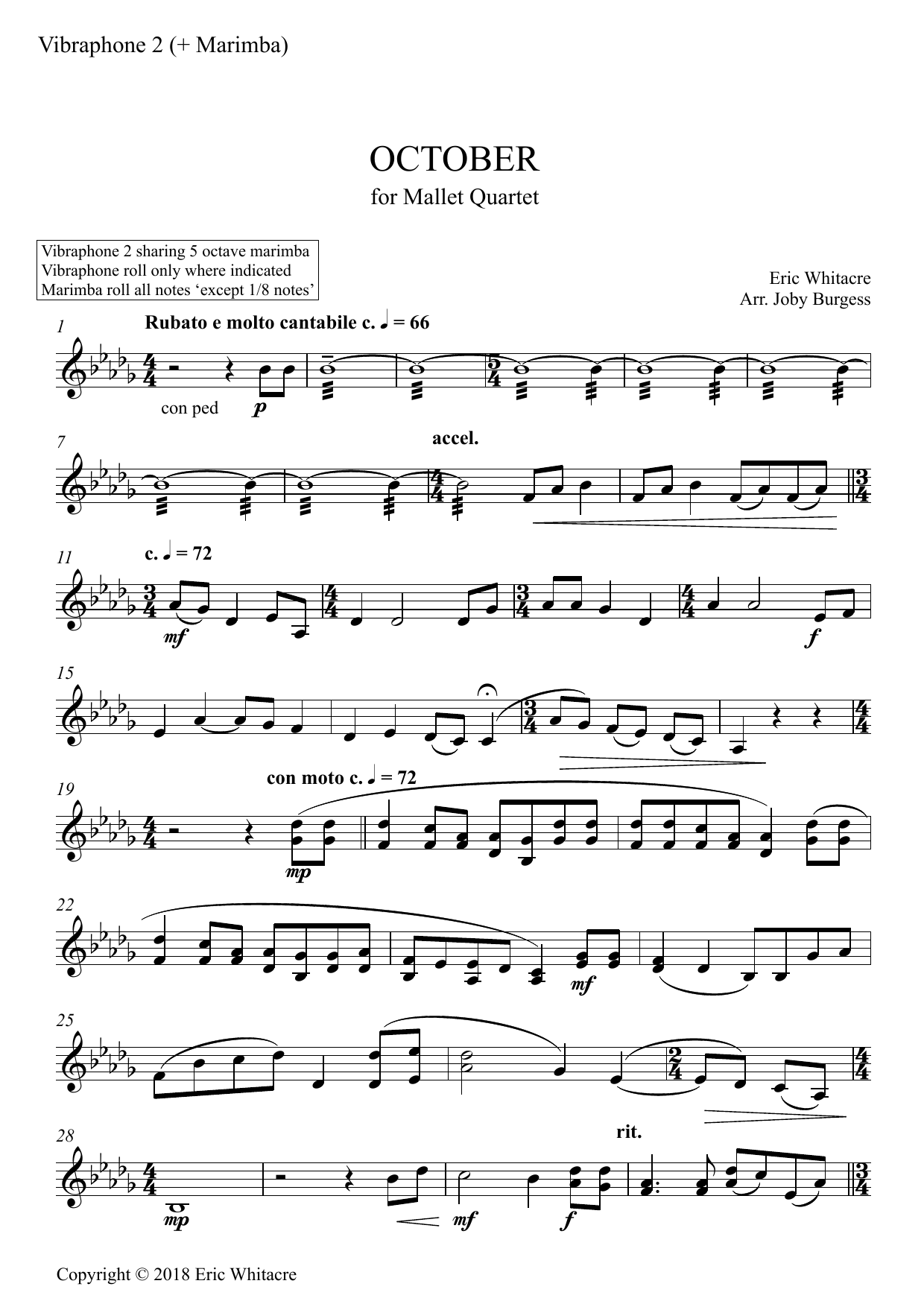 Download Eric Whitacre October (Alleluia) for Mallet Quartet (arr. Joby Burgess) - VIBRAPHONE 2 SHARE M Sheet Music and learn how to play Percussion Ensemble PDF digital score in minutes