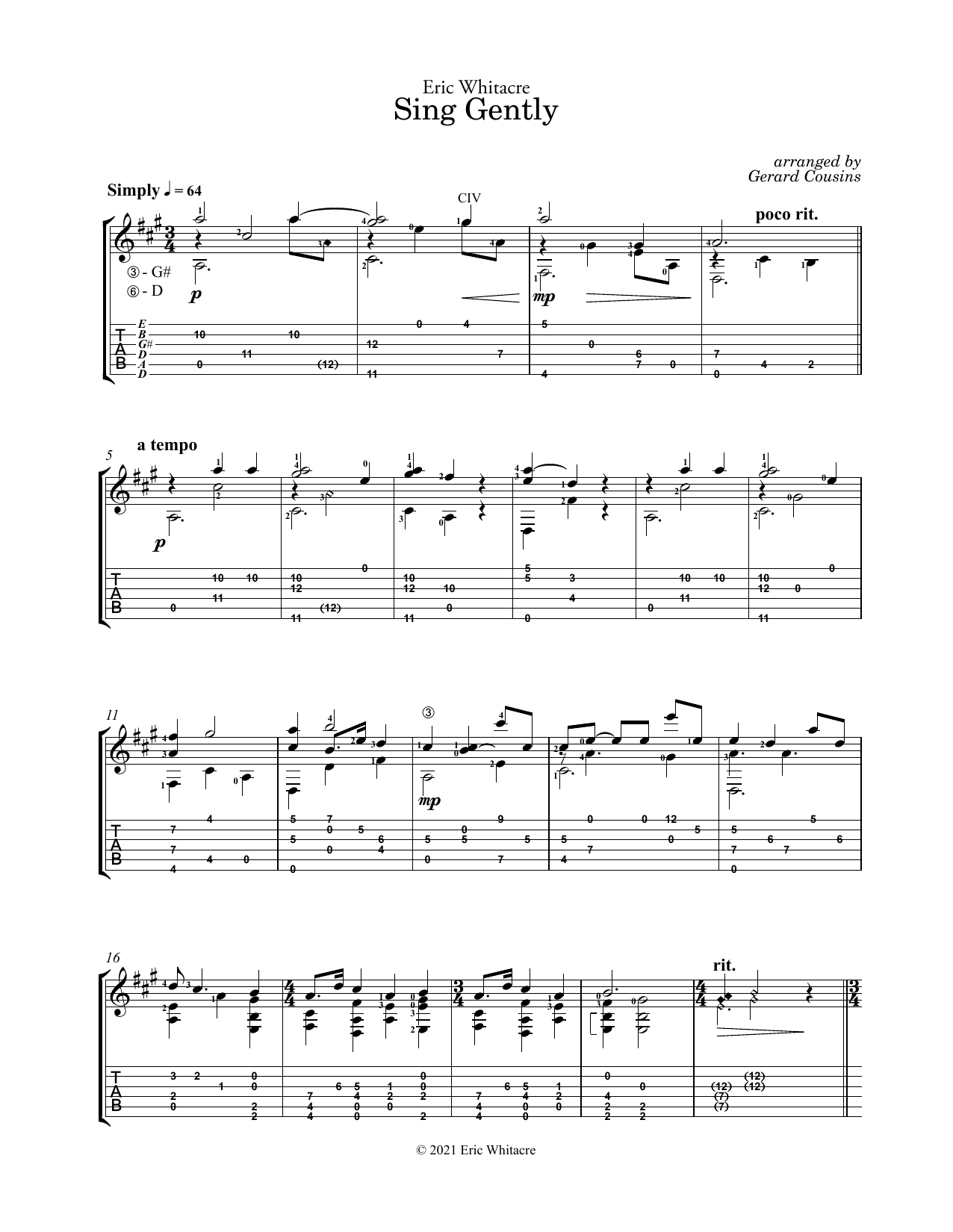 Download Eric Whitacre Sing Gently (arr. Gerard Cousins) Sheet Music and learn how to play Solo Guitar PDF digital score in minutes