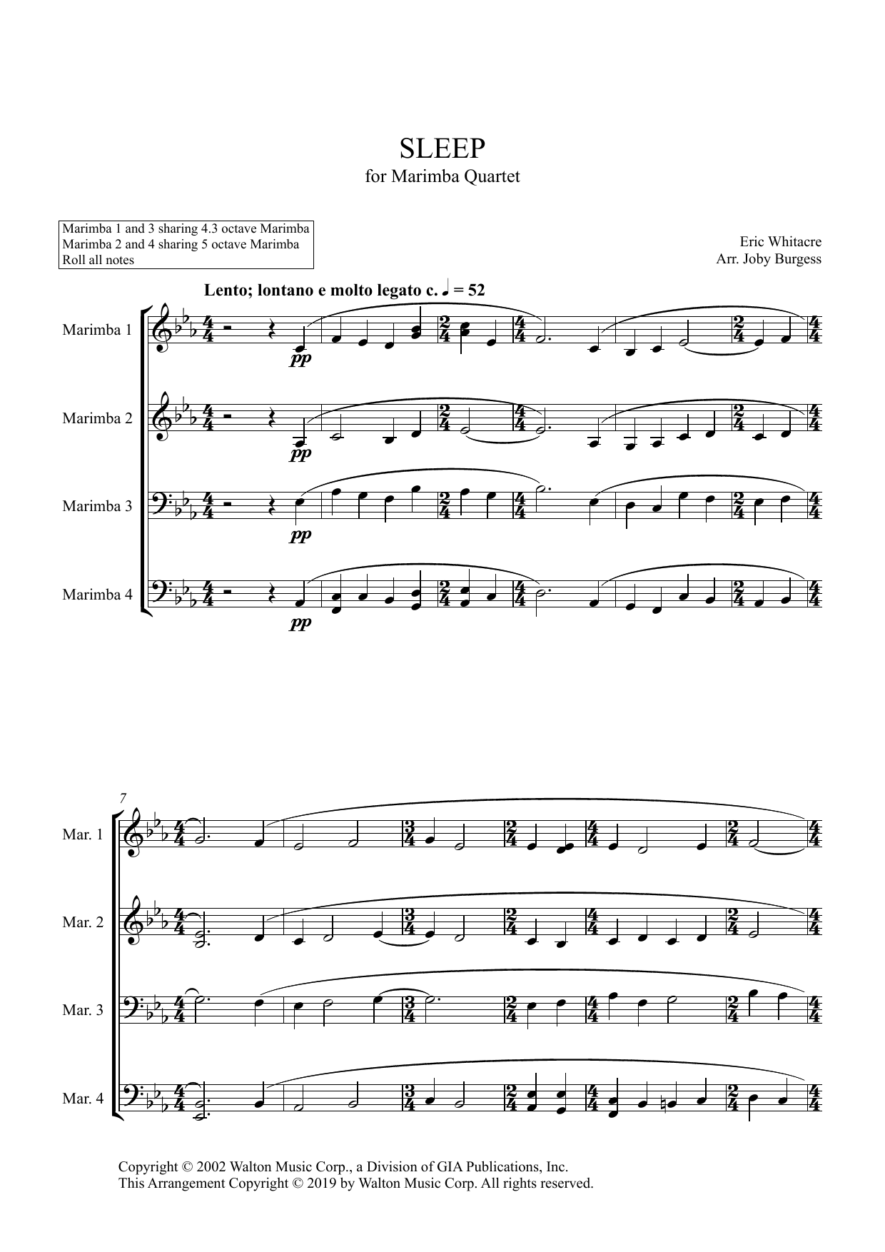 Download Eric Whitacre Sleep for Marimba Quartet (arr. Joby Burgess) - Full Score Sheet Music and learn how to play Percussion Ensemble PDF digital score in minutes