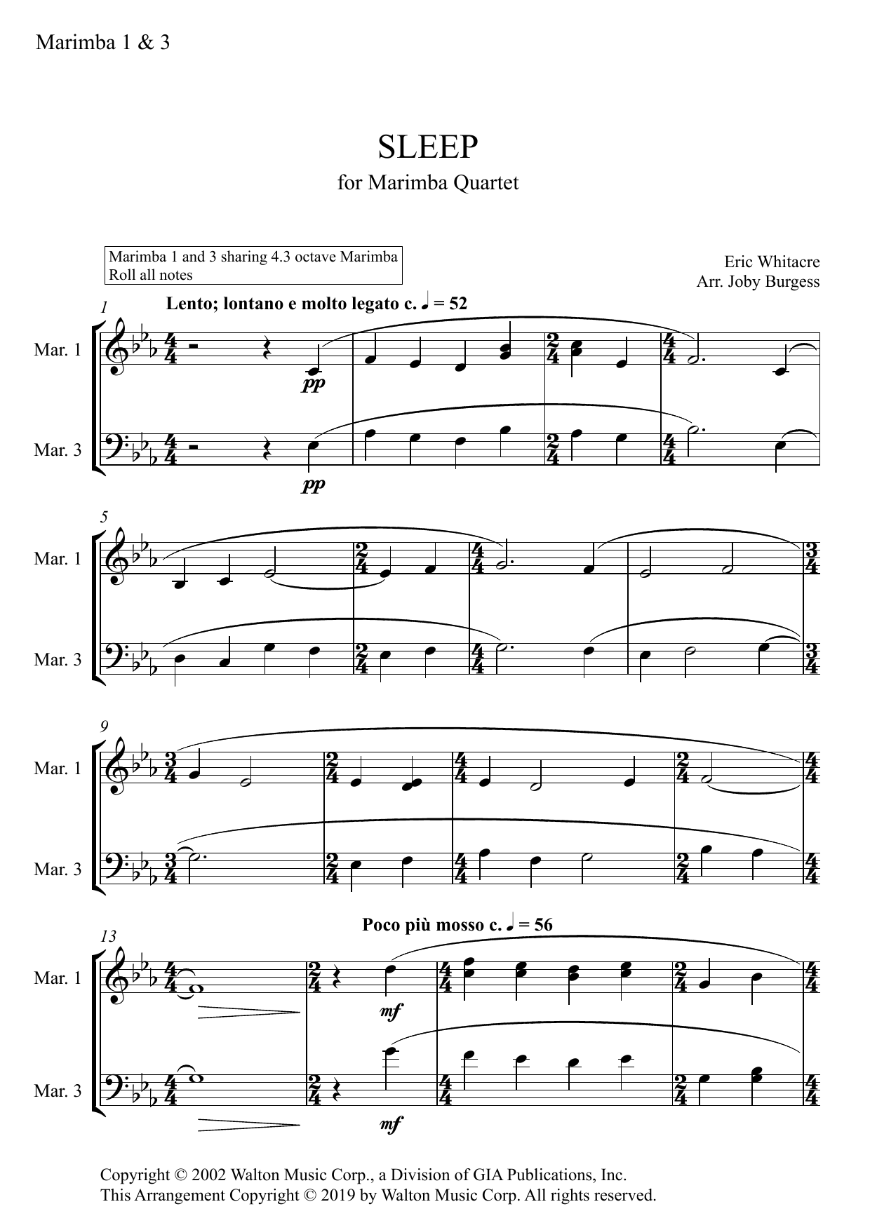 Download Eric Whitacre Sleep for Marimba Quartet (arr. Joby Burgess) - MARIMBA 1 & 3 Sheet Music and learn how to play Percussion Ensemble PDF digital score in minutes