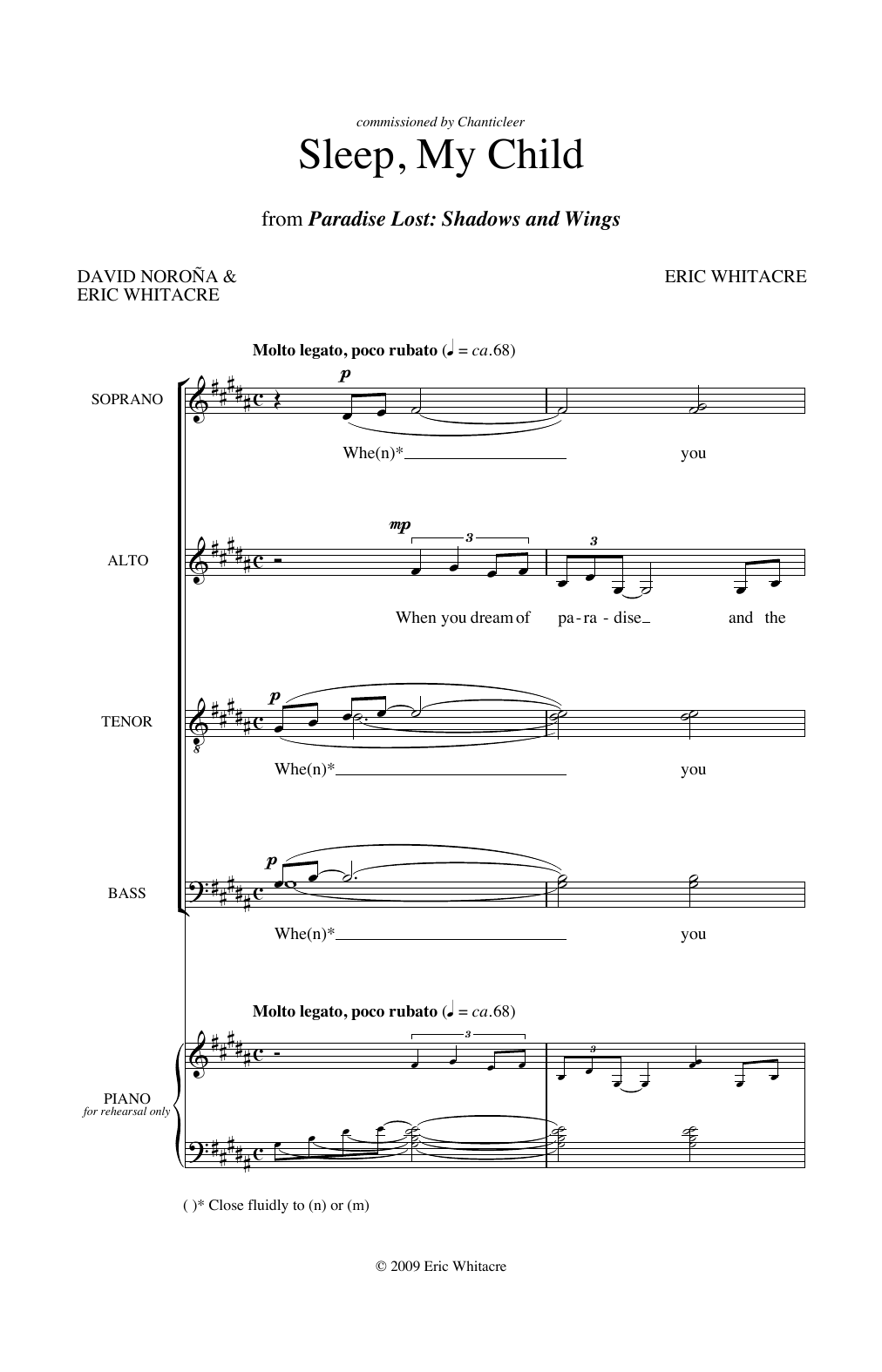 Download Eric Whitacre Sleep, My Child (from Paradise Lost: Shadows and Wings) Sheet Music and learn how to play SATB Choir PDF digital score in minutes