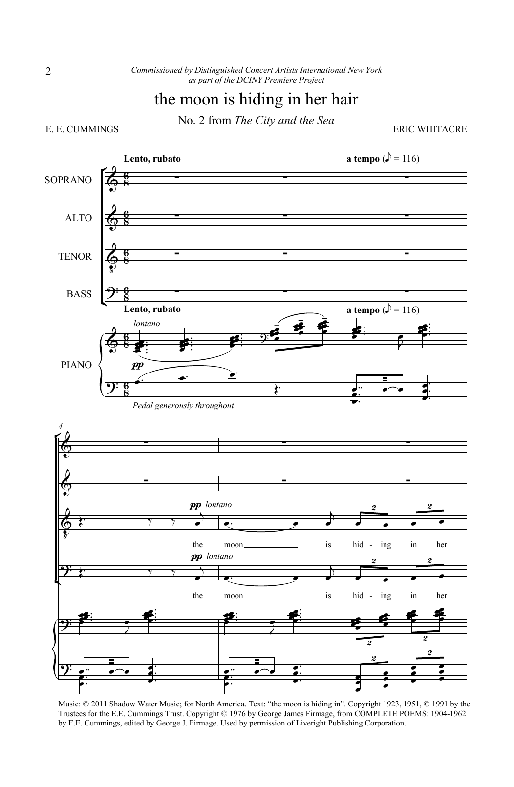 Download Eric Whitacre The Moon Is Hiding In Her Hair (from The City And The Sea) Sheet Music and learn how to play SATB Choir PDF digital score in minutes