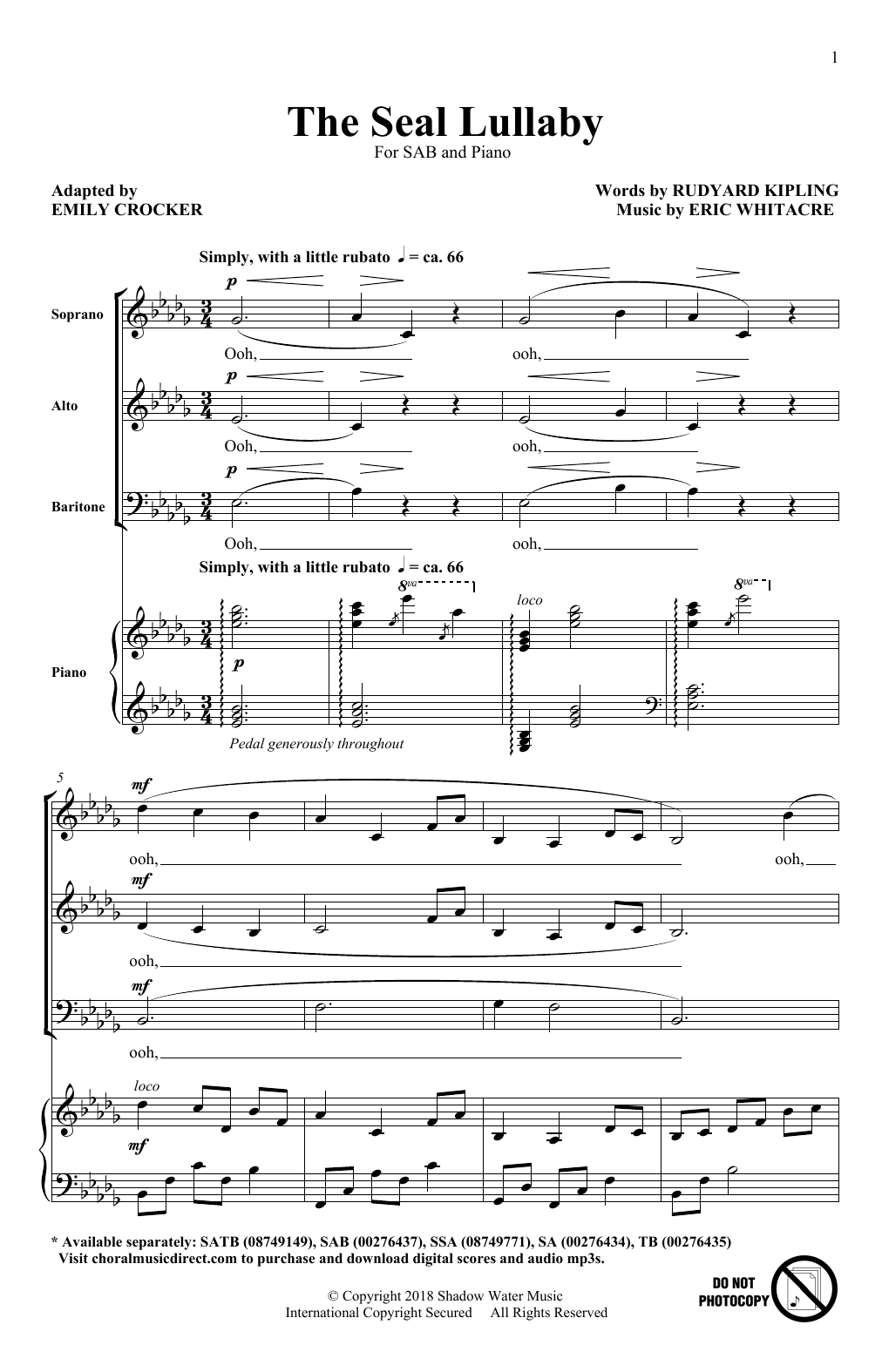 Download Eric Whitacre The Seal Lullaby (arr. Emily Crocker) Sheet Music and learn how to play 2-Part Choir PDF digital score in minutes