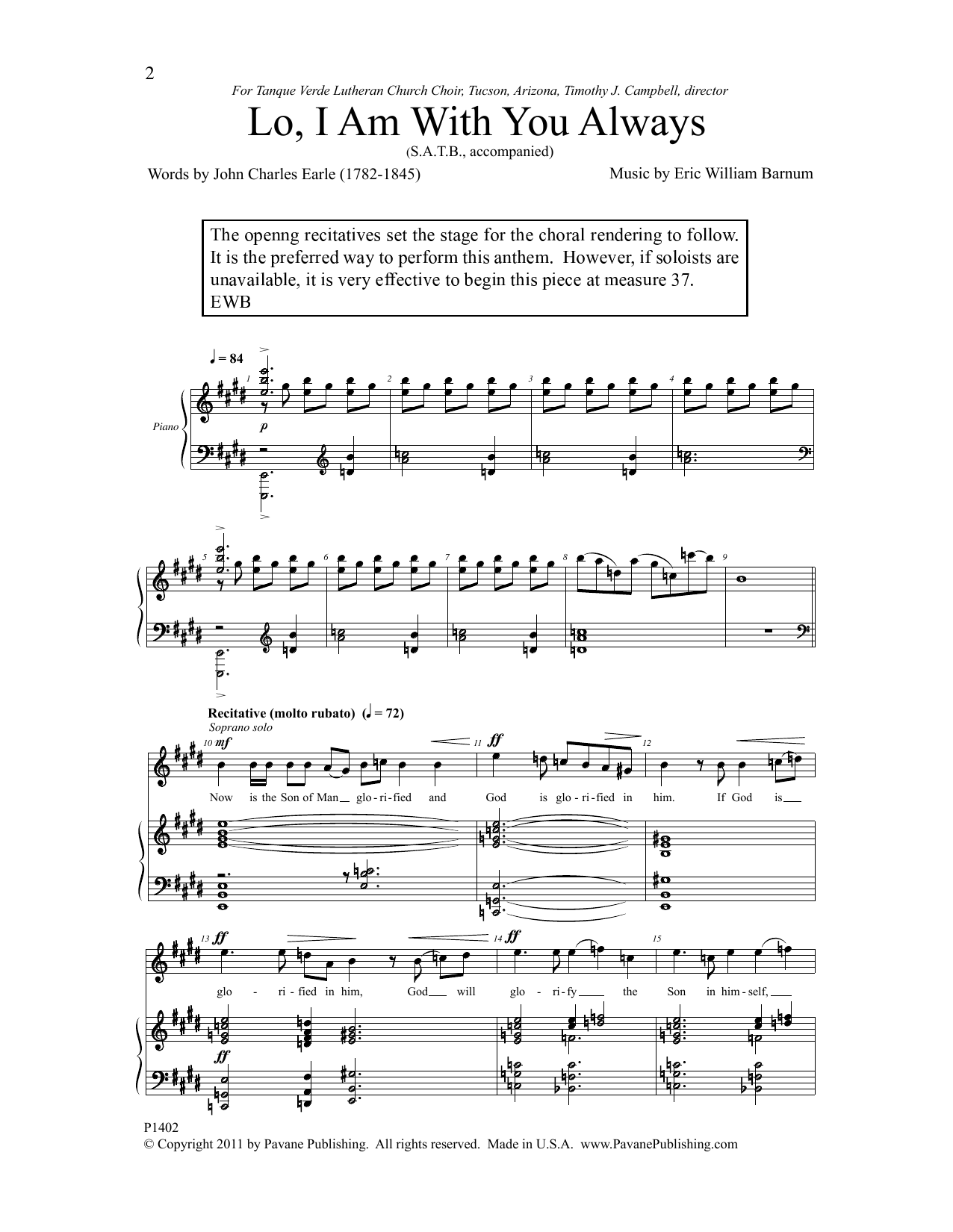 Download Eric William Brnum Lo, I Am With You Always Sheet Music and learn how to play SATB Choir PDF digital score in minutes