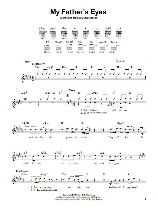 Eric Clapton 'My Father's Eyes' Sheet Music Notes | Download Printable ...