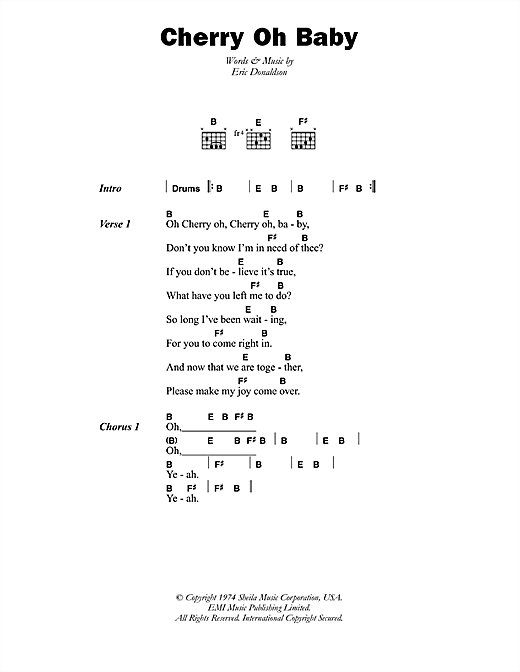 Download Eric Donaldson Cherry Oh Baby Sheet Music and learn how to play Lyrics & Chords PDF digital score in minutes