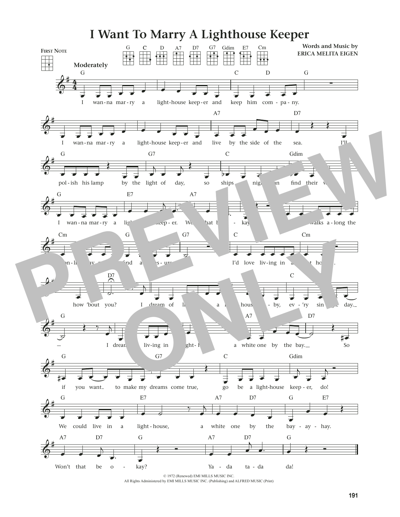 Download Erica Melita Eigen I Want To Marry A Lighthouse Keeper (from The Daily Ukulele) (arr. Jim Beloff) Sheet Music and learn how to play Ukulele PDF digital score in minutes