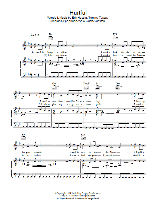 Download Erik Hassle Hurtful Sheet Music and learn how to play Piano, Vocal & Guitar (Right-Hand Melody) PDF digital score in minutes