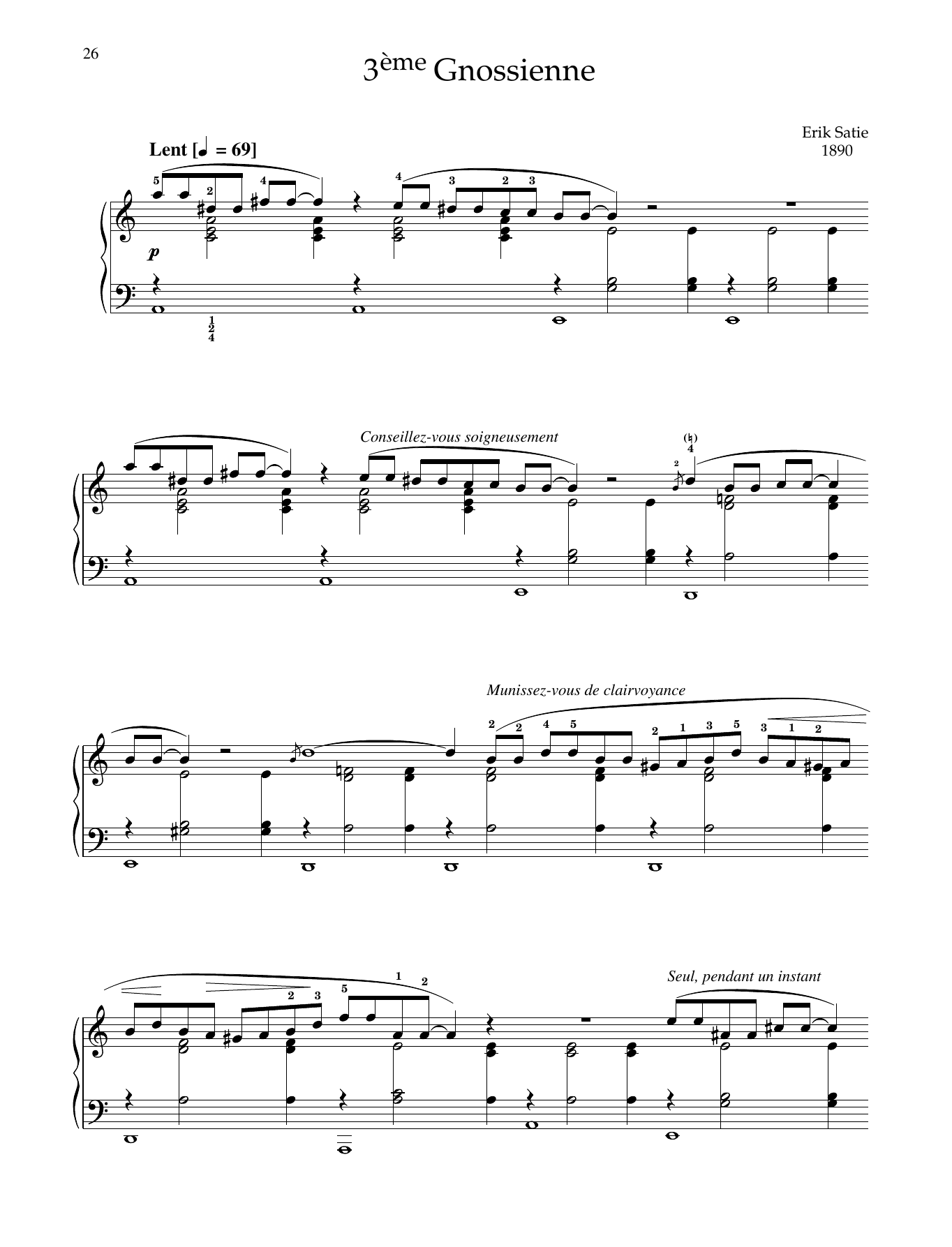 Download Erik Satie 3ème Gnossienne Sheet Music and learn how to play Piano Solo PDF digital score in minutes