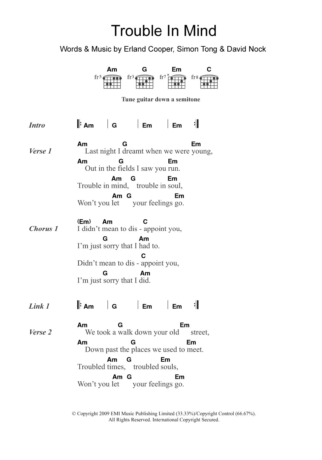 Download Erland & The Carnival Trouble In Mind Sheet Music and learn how to play Guitar Chords/Lyrics PDF digital score in minutes