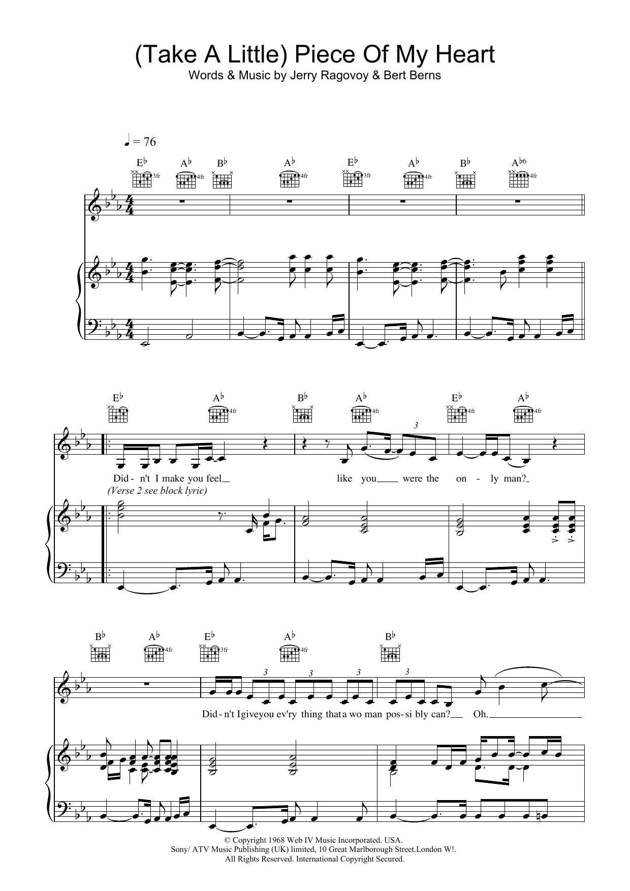 Download Erma Franklin (Take A Little) Piece Of My Heart Sheet Music and learn how to play Easy Piano PDF digital score in minutes