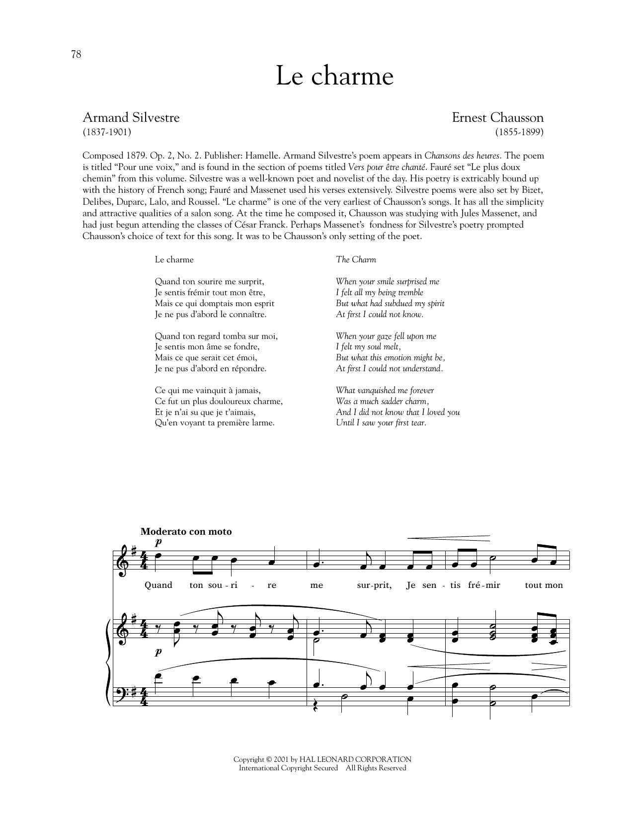 Download Ernest Chausson Le Charme (High Voice) Sheet Music and learn how to play Piano & Vocal PDF digital score in minutes