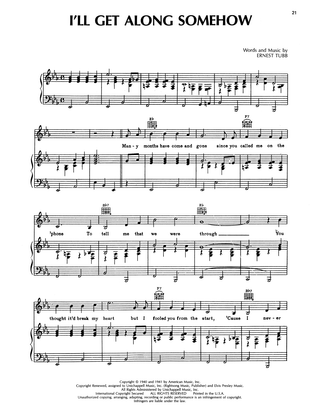 Download Ernest Tubb I'll Get Along Somehow Sheet Music and learn how to play Piano, Vocal & Guitar Chords (Right-Hand Melody) PDF digital score in minutes