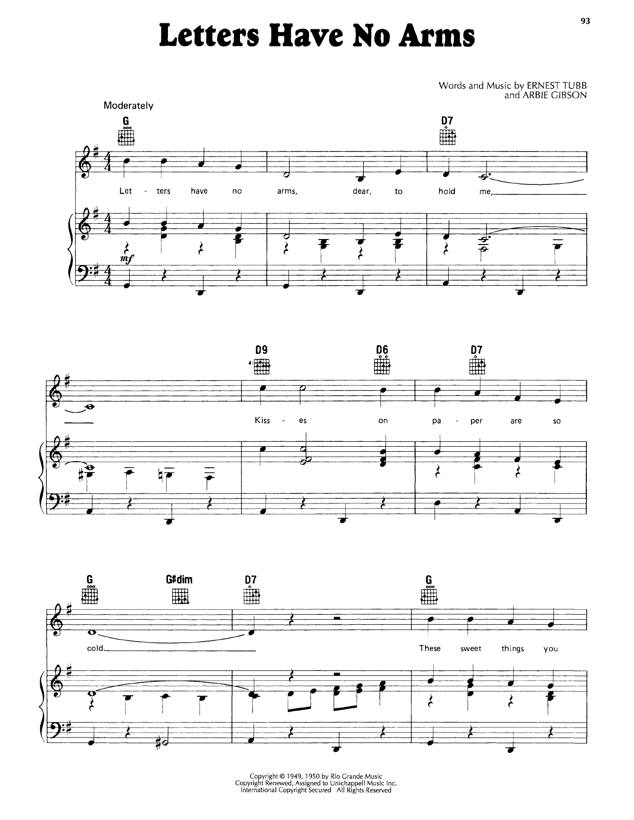 Download Ernest Tubb Letters Have No Arms Sheet Music and learn how to play Piano, Vocal & Guitar Chords (Right-Hand Melody) PDF digital score in minutes