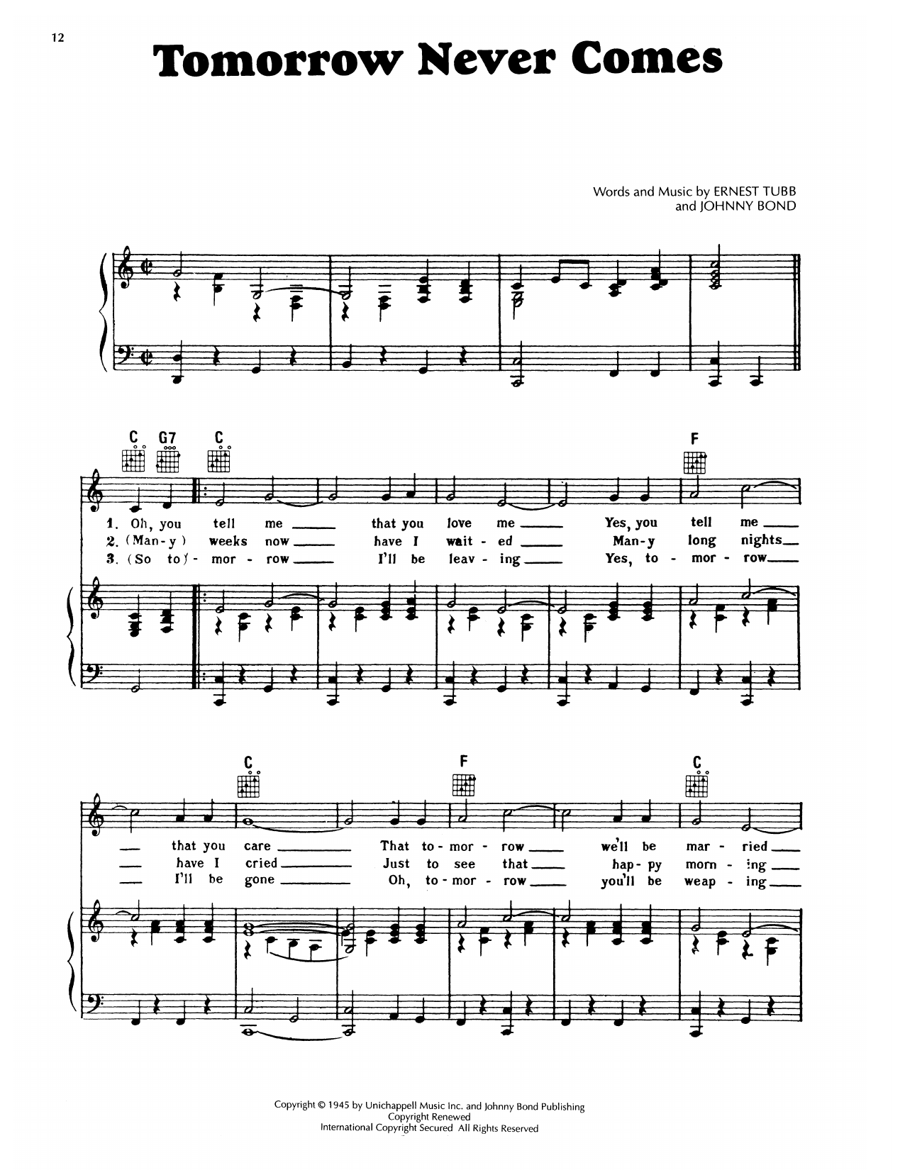 Download Ernest Tubb Tomorrow Never Comes Sheet Music and learn how to play Piano, Vocal & Guitar Chords (Right-Hand Melody) PDF digital score in minutes
