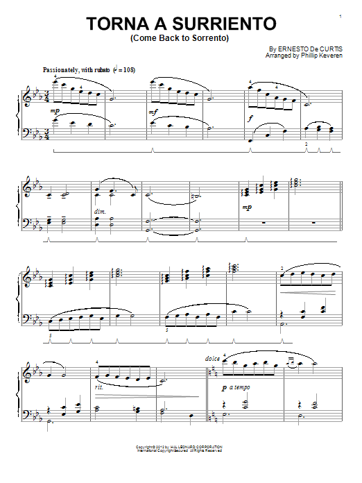 Download Ernesto de Curtis Come Back To Sorrento Sheet Music and learn how to play Piano PDF digital score in minutes