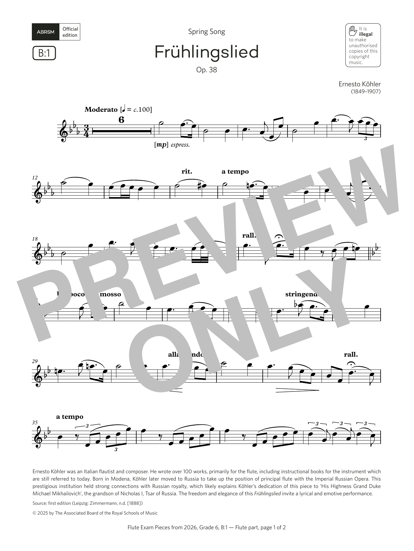 Download Ernesto Köhler Frühlingslied (Grade 6, list B1, from the ABRSM Flute Syllabus from 2026) Sheet Music and learn how to play Flute Solo PDF digital score in minutes