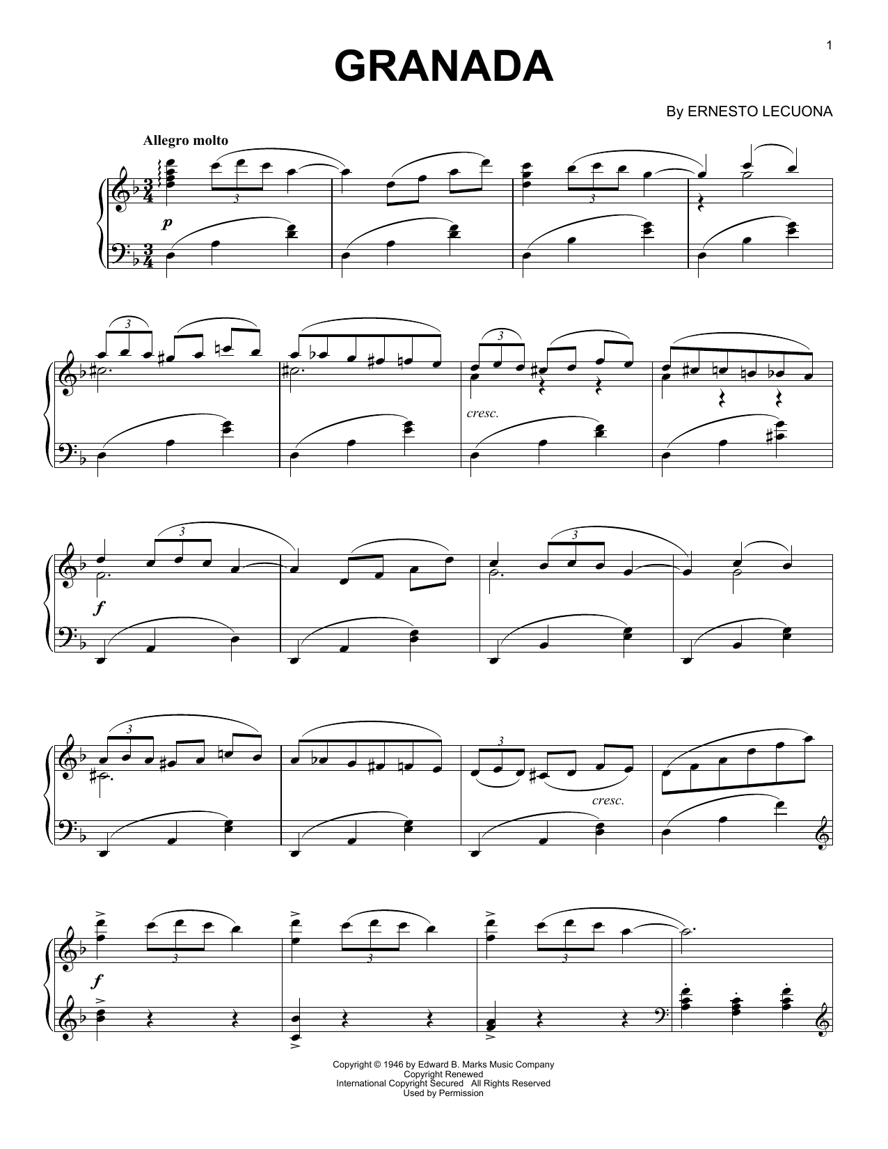 Download Ernesto Lecuona Granada Sheet Music and learn how to play Piano PDF digital score in minutes