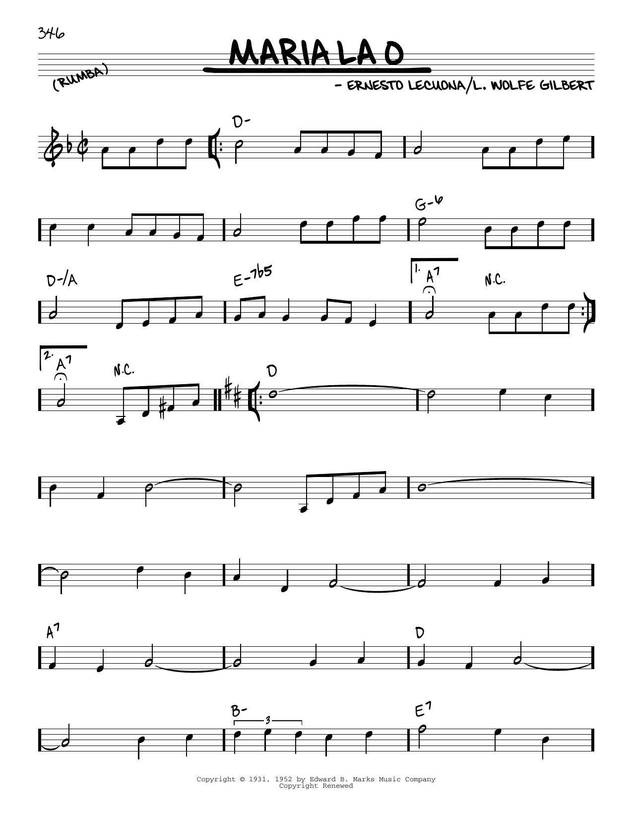 Download Ernesto Lecuona Maria La O Sheet Music and learn how to play Real Book – Melody & Chords PDF digital score in minutes