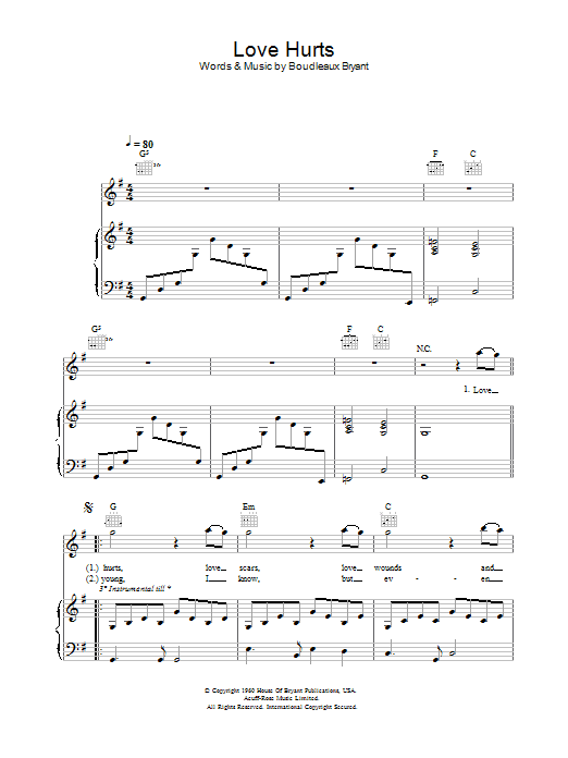 Download Nazareth Love Hurts Sheet Music and learn how to play Piano, Vocal & Guitar PDF digital score in minutes