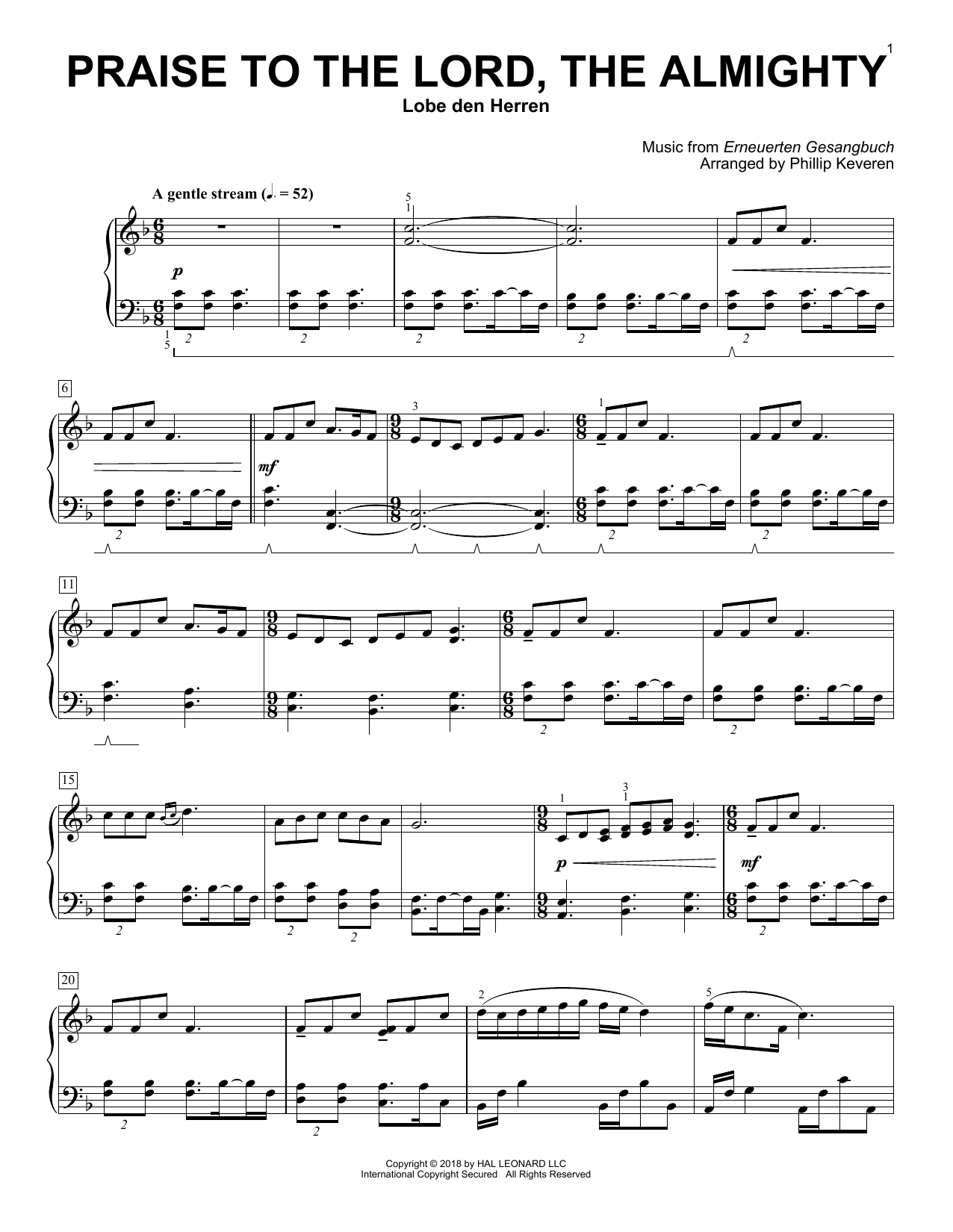 Download Erneuerten Gesangbuch Praise To The Lord, The Almighty (arr. Phillip Keveren) Sheet Music and learn how to play Piano Solo PDF digital score in minutes