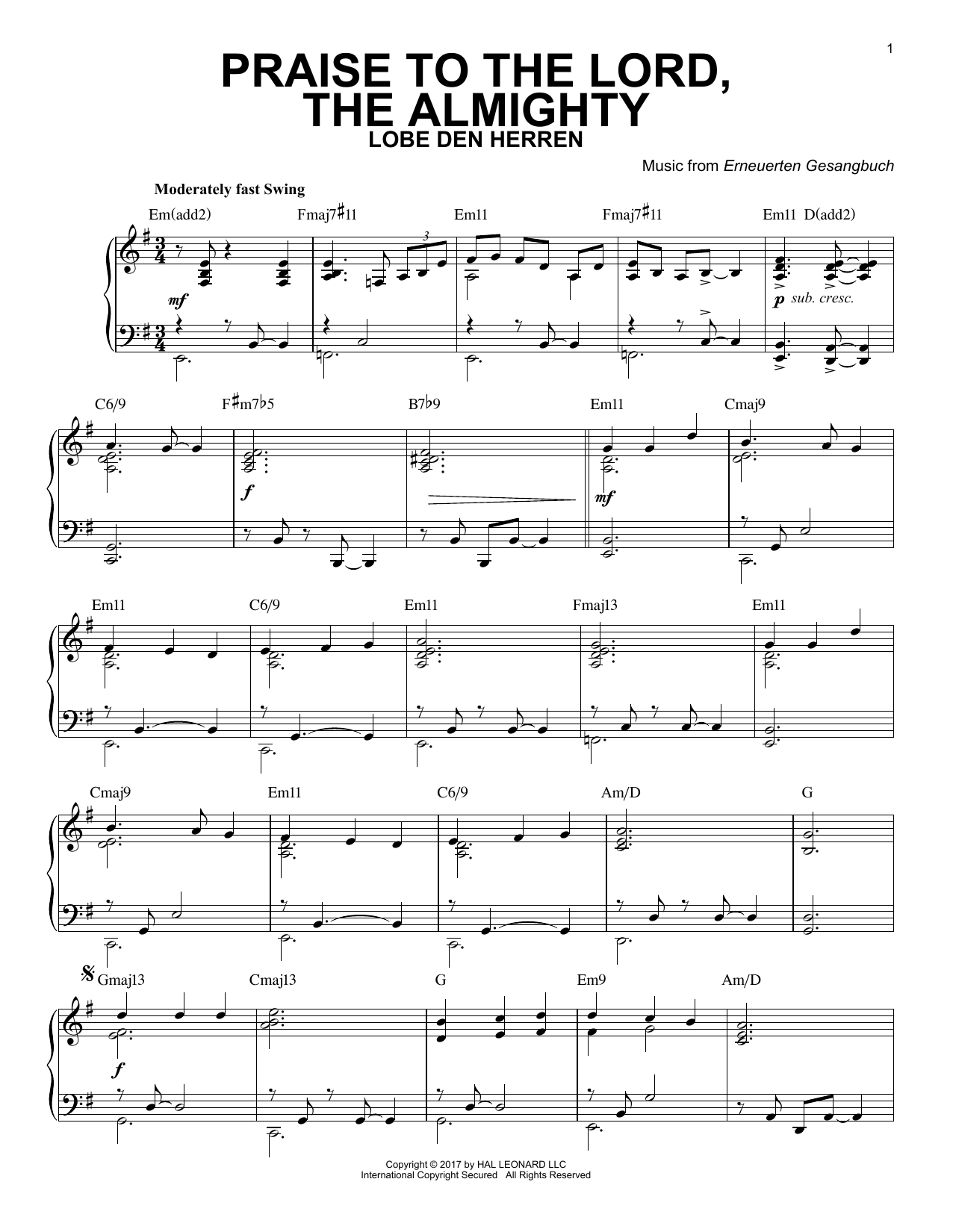 Download Erneuerten Gesangbuch Praise To The Lord, The Almighty Sheet Music and learn how to play Piano PDF digital score in minutes