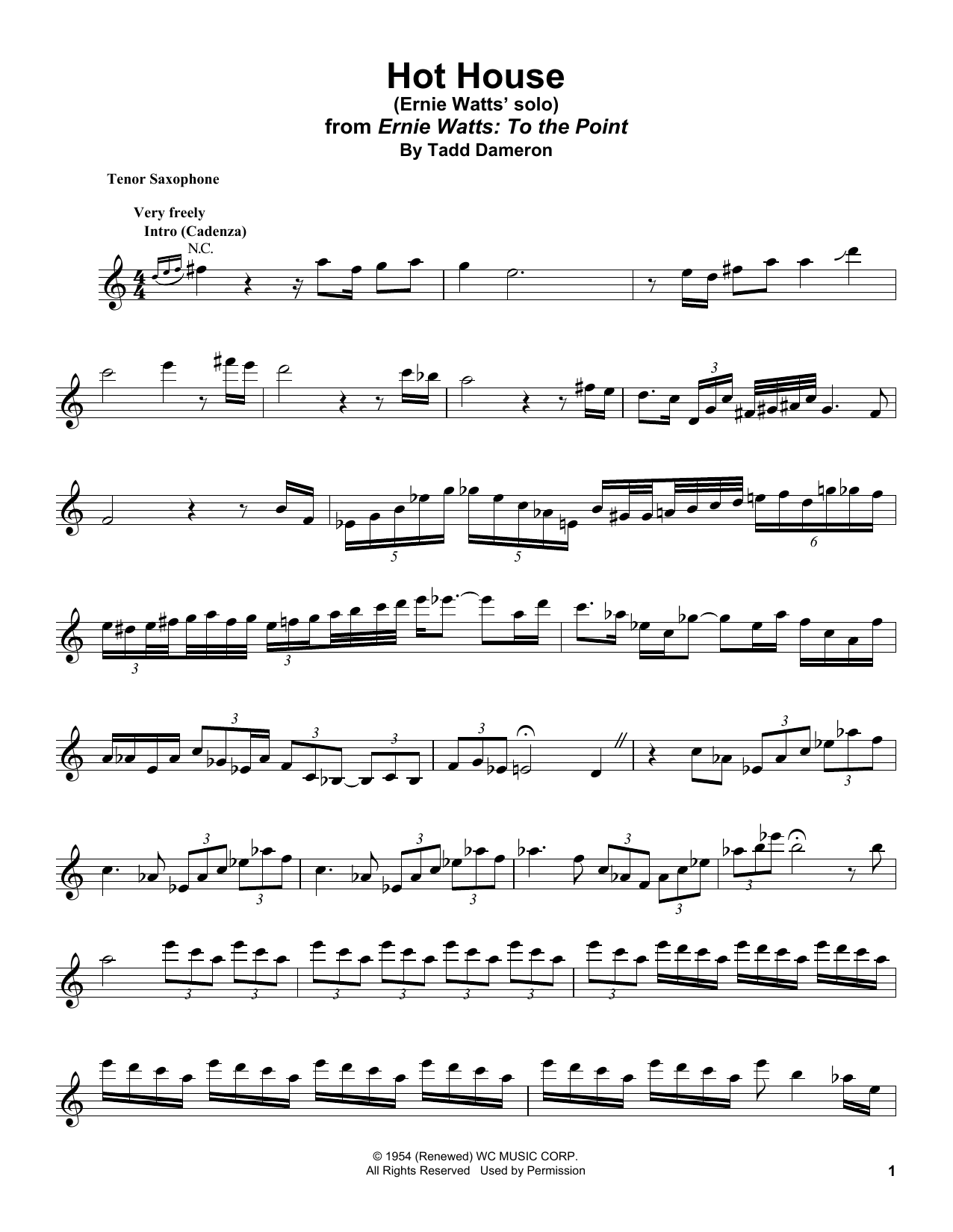 Download Ernie Watts Hot House Sheet Music and learn how to play Tenor Sax Transcription PDF digital score in minutes